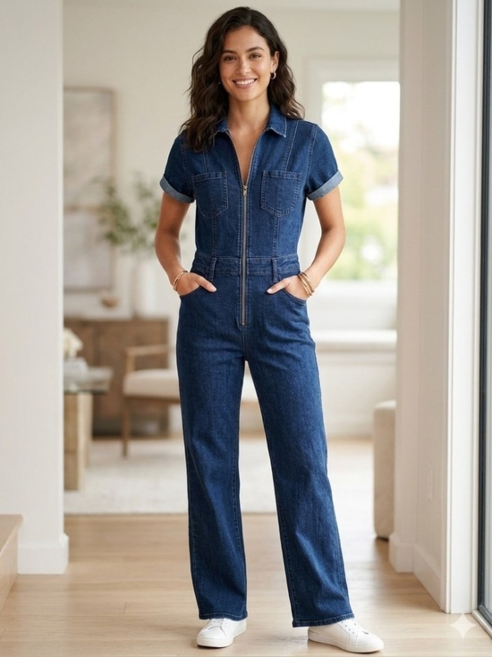 Rue21 Women’s X Small Dark Blue Denim Zip-Front Flare Leg Jean Jumpsuit XS Y2K